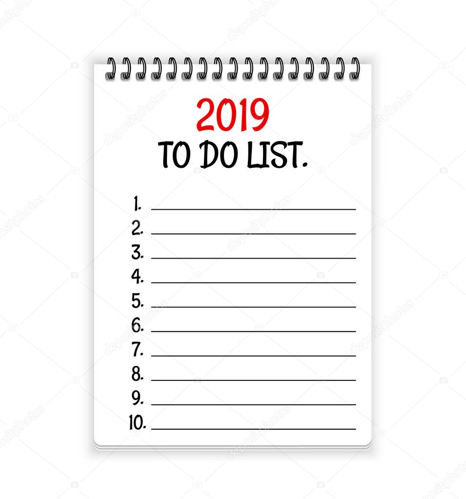 2019 to do list. Open spiral notebook paper vector background