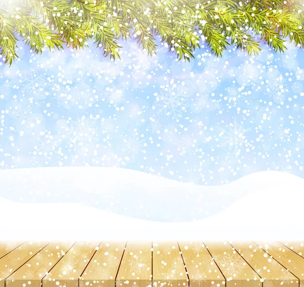 Рождеством Новым Годом Поздравления Фон Деревянным Верхом Стола Зимний Пейзаж — стоковый вектор