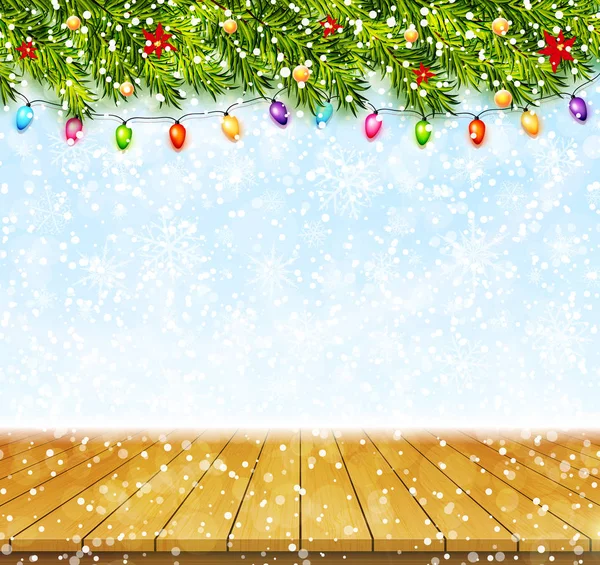 Pozdrav Větvemi Vánočních Stromků Girlandami Dřevěnou Deskou Stolu Veselé Vánoce — Stockový vektor