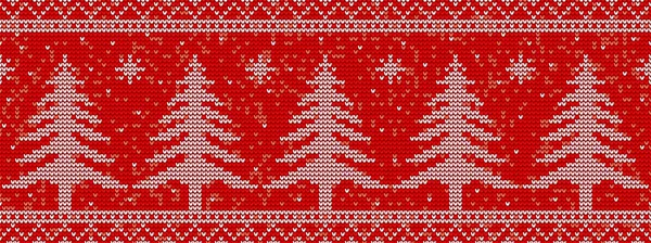 Red Knitting Seamless Pattern Background Christmas Trees Snowflakes Vector Illustration — Stock Vector