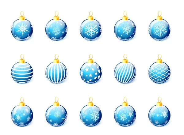 Ensemble Boules Noël Bleues Isolées Sur Fond Blanc Vecteur — Image vectorielle