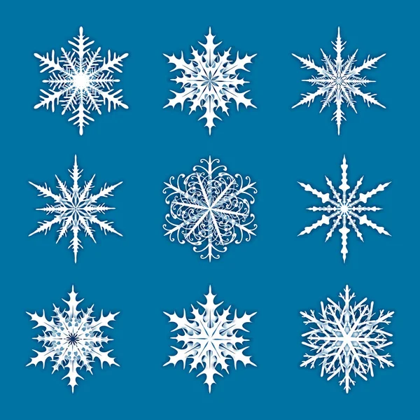 Ilustración Vectorial Con Conjunto Copos Nieve Sobre Fondo Azul — Archivo Imágenes Vectoriales
