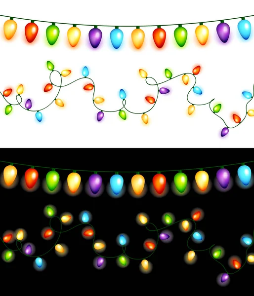 Coloridos Bulbos Navidad Guirnaldas Aisladas Sobre Fondo Blanco Negro Vector — Archivo Imágenes Vectoriales