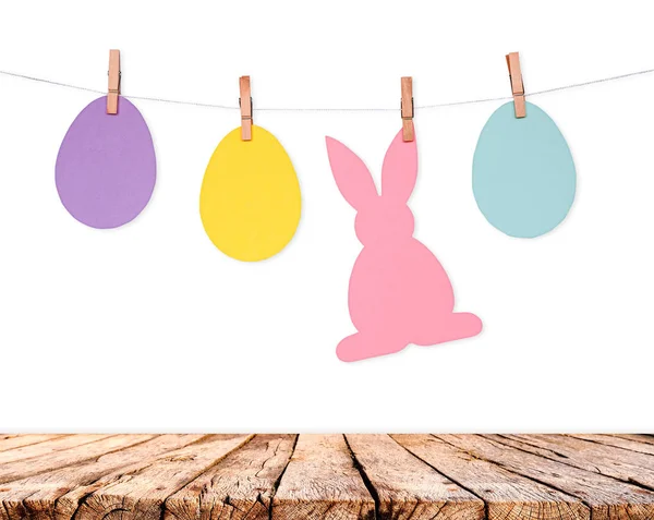 Wooden Table Eggs Rabbits Decoration Garland White Wall Easter Holiday — Stock Photo, Image