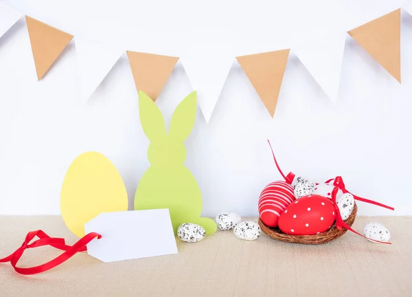 Easter Background Eggs Rabbits Garland Flags — Stock Photo, Image