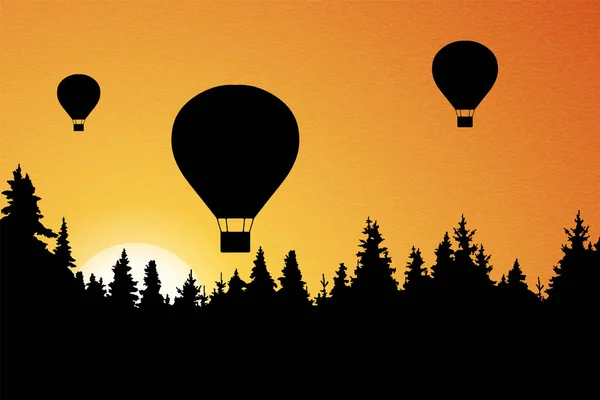 Vektorillustration Der Landschaft Mit Wald Fliegenden Heißluftballons Und Orangefarbenem Himmel — Stockvektor
