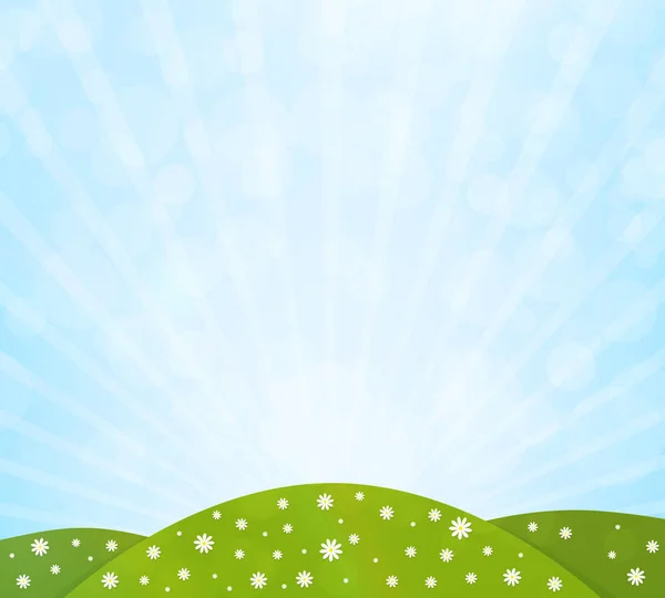 Natuur achtergrond met groene veld, bloemen en blauwe hemel — Stockvector