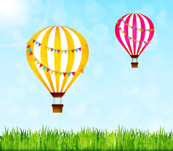 Balões de ar quente coloridos sobre a paisagem verde — Vetor de Stock