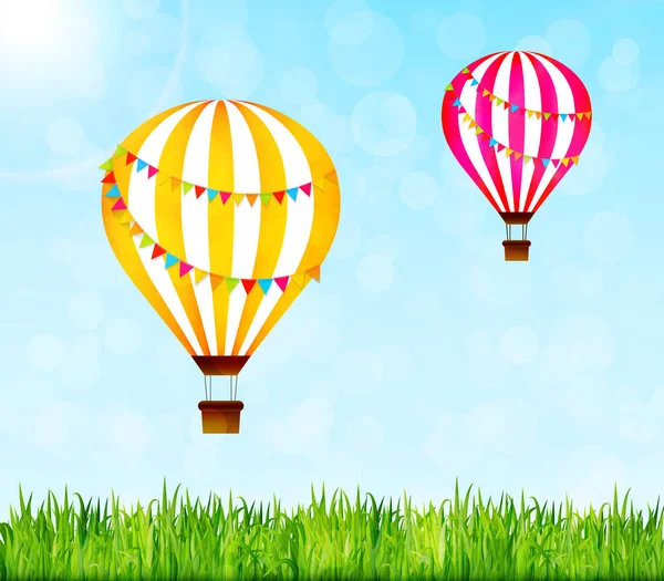 Globos de aire caliente de colores sobre el paisaje verde — Vector de stock