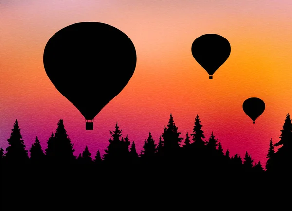 Ilustración vectorial de paisaje con bosque, vuelo de globos de aire caliente — Archivo Imágenes Vectoriales