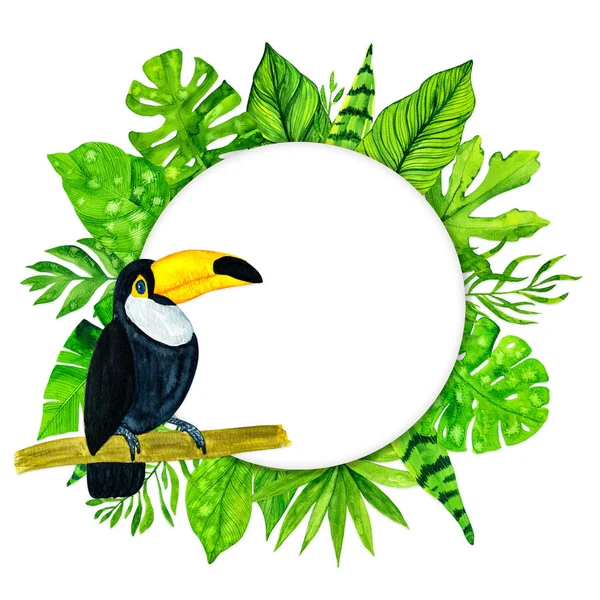 Watercolor tropical leaves frame and toucan on white background — Stock Photo, Image