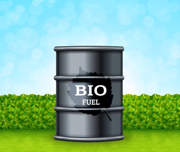 Barril de metal com biocombustível no vetor de fundo de grama verde —  Vetores de Stock