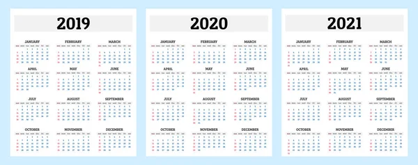 Ετήσιο ημερολόγιο 2019, 2020 και 2021 πρότυπο. Απεικόνιση διανυσματικών φορέων — Διανυσματικό Αρχείο