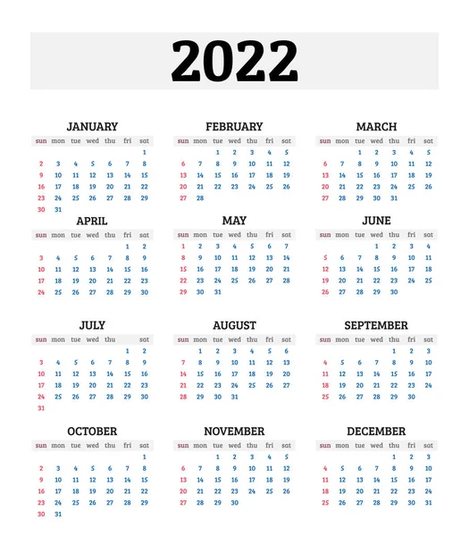 Calendar 2022 Week  Starts Sunday Basic Business Template 