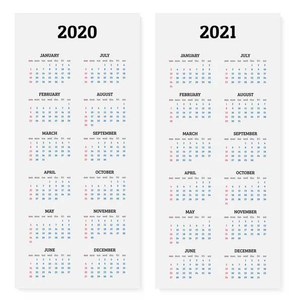 2020 και 2021 ετήσιο ημερολόγιο. Απεικόνιση διανυσματικών φορέων — Διανυσματικό Αρχείο