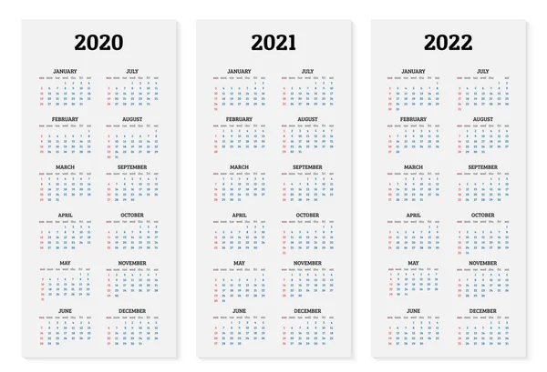 Ετήσιο ημερολόγιο 2020, 2021 και 2022 πρότυπο. Απεικόνιση διανυσματικών φορέων — Διανυσματικό Αρχείο