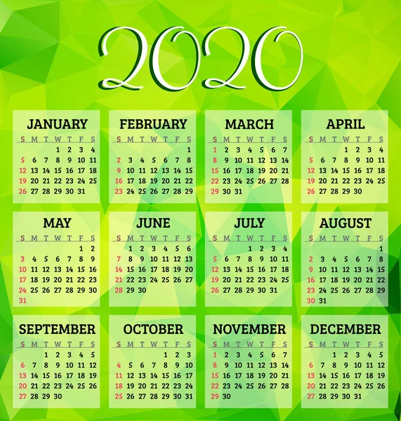 Διανυσματικό ημερολόγιο 2020 έτος με πράσινο αφηρημένο φόντο. Η εβδομάδα ξεκινά από την Κυριακή — Διανυσματικό Αρχείο