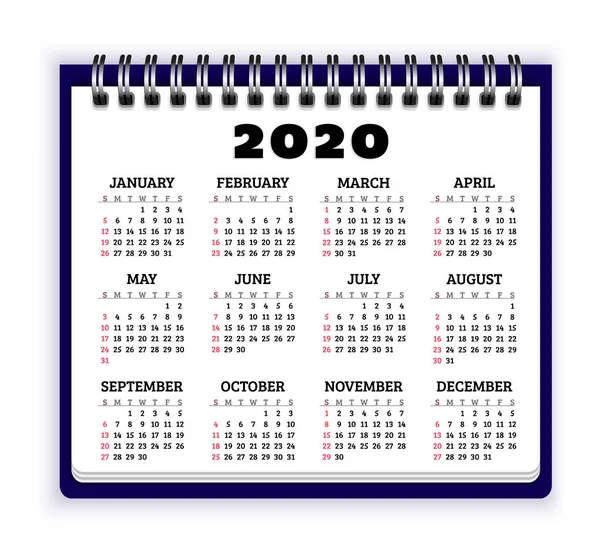 Χαρτί σημειωματαρίου με ημερολόγιο για 2020 έτος. Η εβδομάδα ξεκινά από την Κυριακή. Διανυσματικό φόντο — Διανυσματικό Αρχείο