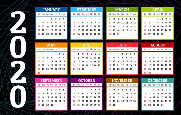 Calendario colorido 2020 año sobre fondo abstracto oscuro La semana comienza el domingo. Ilustración vectorial — Archivo Imágenes Vectoriales