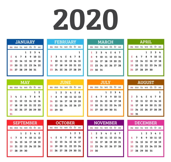 Πολύχρωμο ημερολόγιο 2020 έτος. Η εβδομάδα ξεκινά από την Κυριακή. Απεικόνιση διανυσματικών φορέων — Διανυσματικό Αρχείο