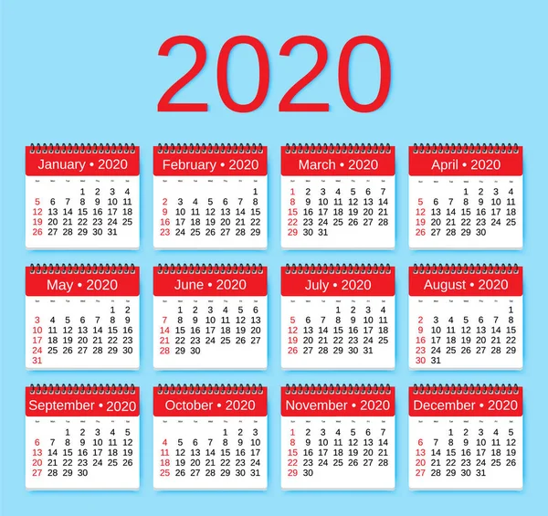 Πρότυπο προγραμματισμού 2020 ημερολογίου. Σύνολο 12 μηνών. Η εβδομάδα ξεκινά από την Κυριακή. Απεικόνιση διανυσματικών φορέων — Διανυσματικό Αρχείο