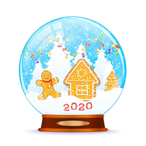 Merry Christmas and Happy New Year vector background with snow globe and gingerbread — Stock Vector