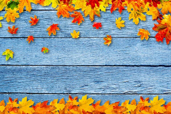 Coloridas Hojas Otoño Sobre Fondo Madera — Foto de Stock