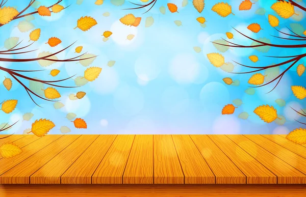 Träbord Med Orange Blad Höstens Natur Bakgrund Vektorillustration — Stock vektor