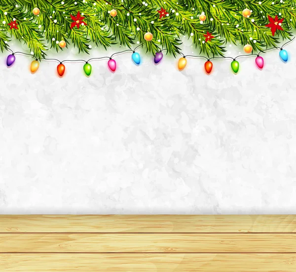 Cartão Saudação Com Galhos Árvore Natal Guirlandas Tampo Mesa Madeira —  Vetores de Stock