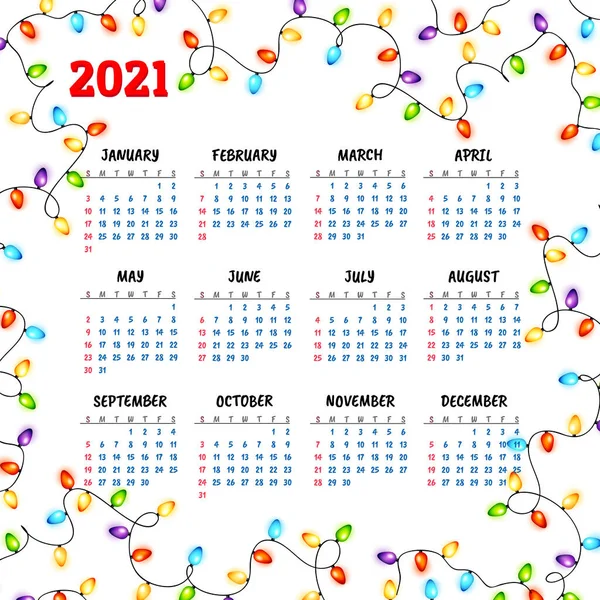 Ημερολόγιο Για 2021 Πολύχρωμες Γιρλάντες Φόντο Εικονογράφηση Διανύσματος — Διανυσματικό Αρχείο