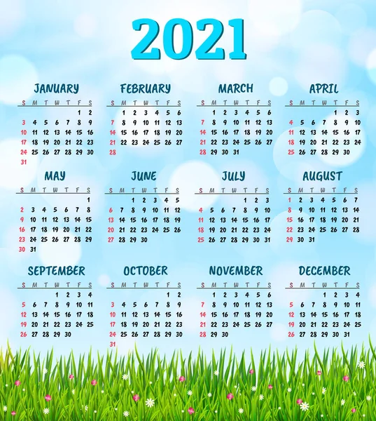 Ημερολόγιο Για 2021 Φρέσκο Πράσινο Γρασίδι Και Λουλούδια Διάνυσμα Φόντο — Διανυσματικό Αρχείο