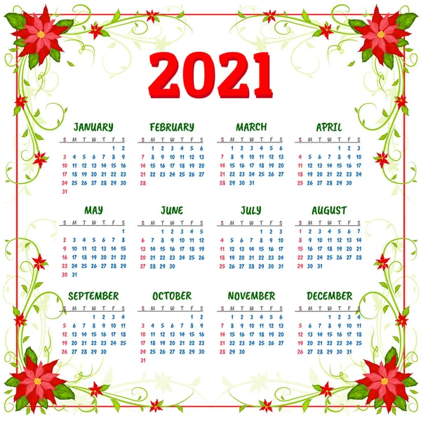 Calendar Vectorial 2021 Flori Poinsettia Săptămâna Începe Duminică — Vector de stoc