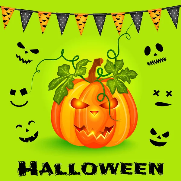 Happy Halloween Background Pumpkin Faces Flags Garland Vector Illustration — Stock Vector