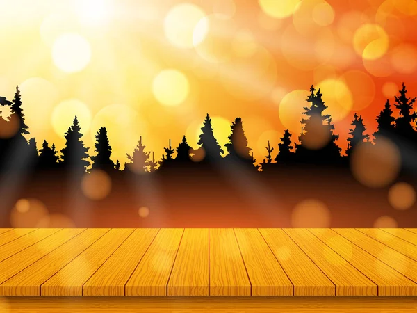 Золотой Осенний Пейзаж Сосновым Лесом Пустым Ржавым Деревянным Столом Заднем — стоковый вектор