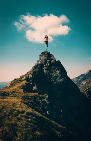 Wanderer Feiert Erfolg Auf Dem Gipfel Eines Berges — Stockfoto