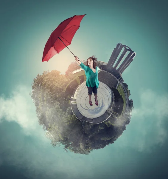 Žena Odlepit Země Deštníkem Globe 360Stupňových Pohled — Stock fotografie