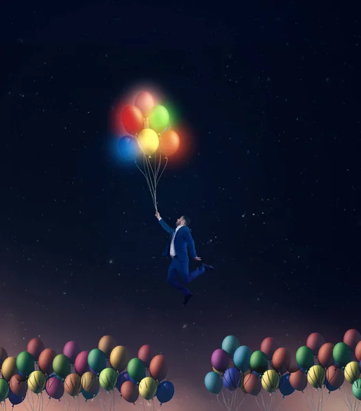 Man flying with colorful  glowing balloons. Out of the box concept.