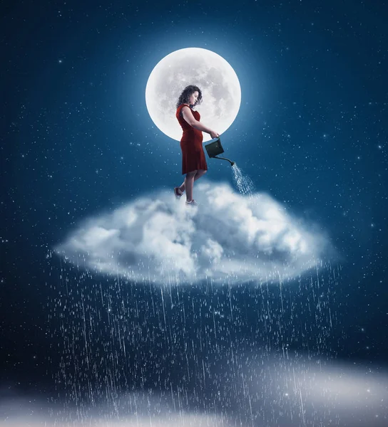 Jonge Vrouw Een Wolk Met Strooi Regen Maakt Nacht — Stockfoto