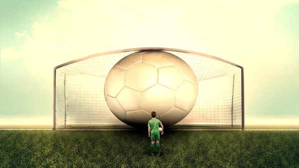 Soccer Player Field Looking Oversized Ball Goal — Stock Photo, Image