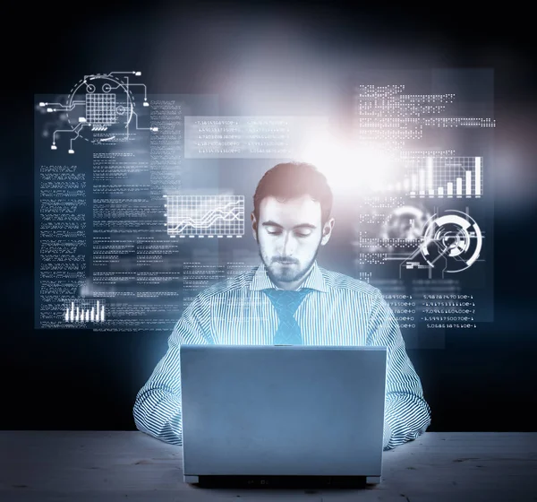 Businessman Working Laptop Futuristic Infograph Interface Front Him — Stock Photo, Image