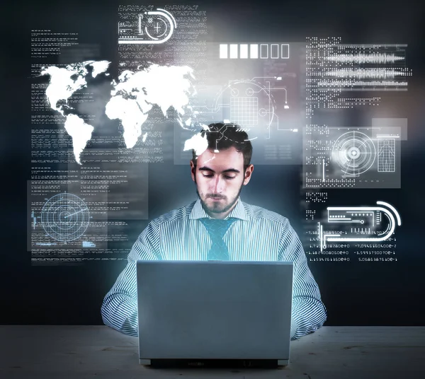 Businessman Working Laptop Futuristic Infograph Interface Front Him Stock Photo