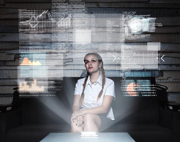 Young Woman Using Hologram Infograph Screen Home Futuristic User Interface — Stock Photo, Image