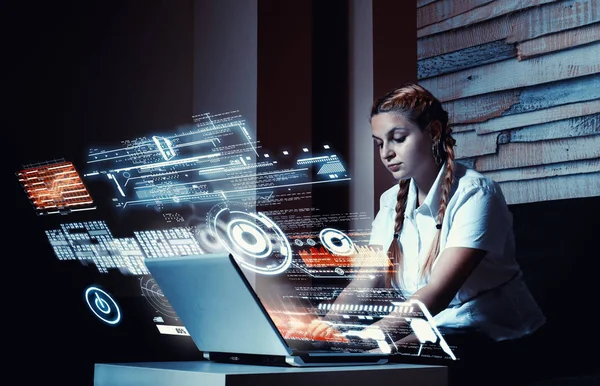 Young Woman Working Laptop Home Futuristic User Interface — Stock Photo, Image