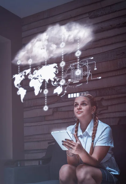 Young Woman Using Tablet Cloud World Information Home Futuristic User — Stock Photo, Image