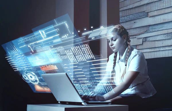 Young Woman Working Laptop Home Futuristic User Interface — Stock Photo, Image