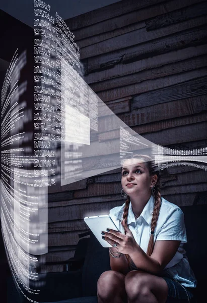Young Woman Using Tablet Infograph Screen Home Futuristic User Interface — Stock Photo, Image