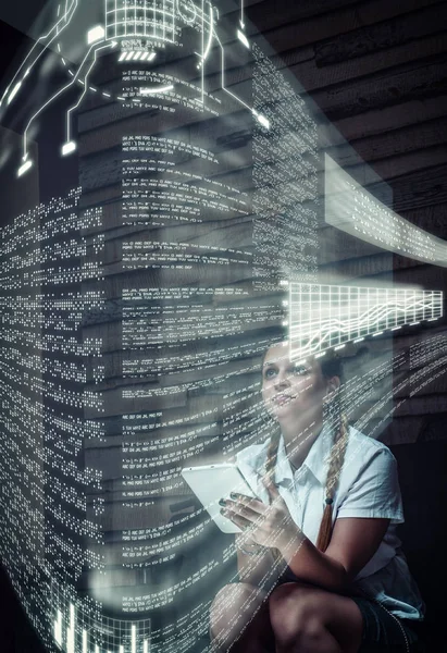 Young Woman Using Tablet Analyze Codes Hologram Screen Home Futuristic — Stock Photo, Image