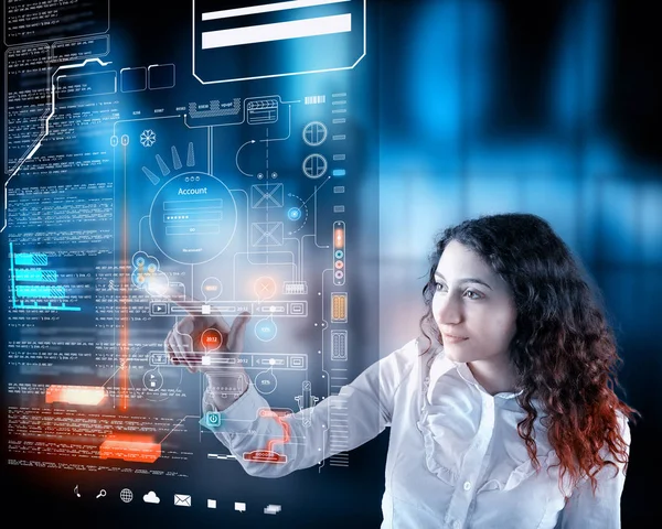 Woman Working Digital Touch Screen Data Informations Futuristic User Interface — Stock Photo, Image