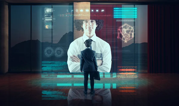 Video aramasý ortağı ile oturma odasında bir hologram sahip iş adamı. Konuşma online canlı. İş toplantısı online.