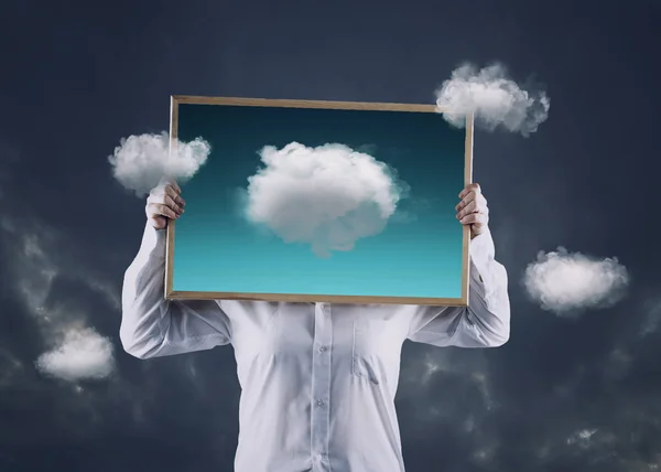 Artist Holding Picture Clouds Flying Away Frame Dramatic Sky Background — Stock Photo, Image